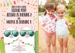 Birthday Invitation Llama Twins Pink Photo design preview