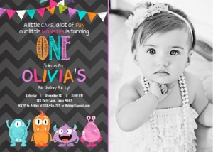 Birthday Invitation Monster Chevron Chalk Girl Photo design preview