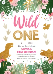 Birthday Invitation Dinosaur Gold Wild One Girl design preview