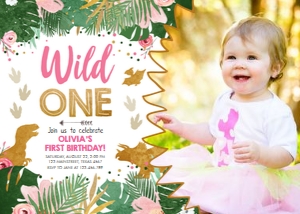 Birthday Invitation Dinosaur Wild One Girl Photo design preview