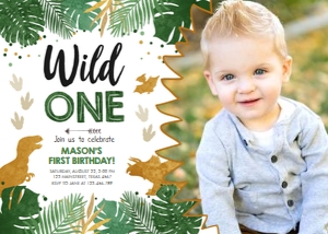 Birthday Invitation Dinosaur Gold Wild One Boy Photo design preview