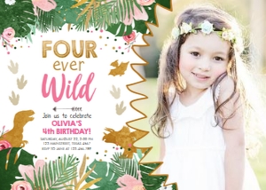 Birthday Invitation Dinosaur Four Ever Wild Girl Photo design preview