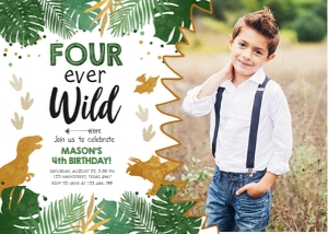 Birthday Invitation Dinosaur Gold Four Ever Wild Boy Photo design preview