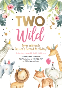 Birthday Invitation Safari Animals Party Hats Girl Two Wild Vertical design preview