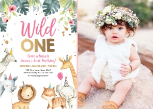Birthday Invitation Safari Animals Party Hats Girl Wild One - With Photo design preview