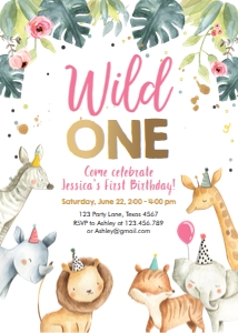 Birthday Invitation Safari Animals Party Hats Girl Wild One Vertical design preview