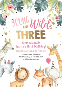 Birthday Invitation Safari Animals Party Hats Girl Wild Three Vertical design preview