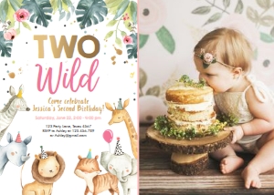 Birthday Invitation Safari Animals Party Hats Girl Two Wild - With Photo design preview
