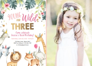 Birthday Invitation Safari Animals Party Hats Girl Wild Three - With Photo design preview