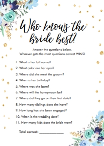 Bridal Shower Game Who Knows The Bride Best Floral Blue design preview