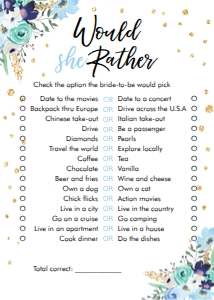 Bridal Shower Game Would She Rather Floral Blue design preview