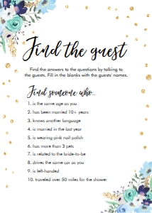 Bridal Shower Game Find the Guest Floral Blue design preview