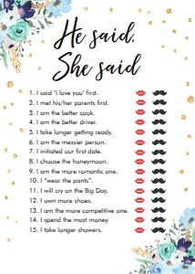 Bridal Shower Game He Said She Said Floral Blue design preview