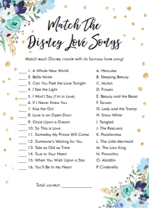 Bridal Shower Game Disney Love Songs Floral Blue design preview