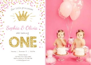 Birthday Invitation Princesses Twins White Photo design preview