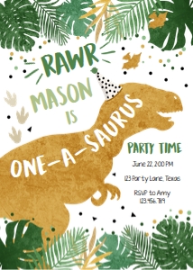 Birthday Invitation Gold Dinosaur T-Rex One-A-Saurus design preview