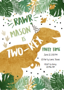 Birthday Invitation Gold Dinosaur T-Rex Two-Rex design preview
