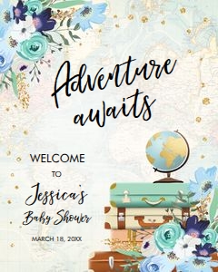 Welcome Sign Baby Shower Adventure Awaits Blue Floral Travel design preview