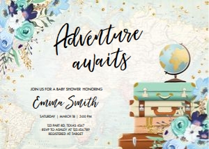 Baby Shower Invitation Travel Adventure Awaits Blue Floral Map design preview