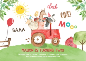 Birthday invitation Farm Animals Red Tractor White design preview