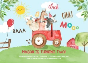 Birthday Invitation Farm Animals Red Tractor Blue design preview