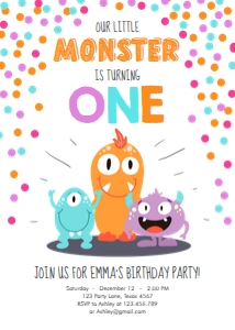 Birthday Invitation Little Monster Girl White design preview