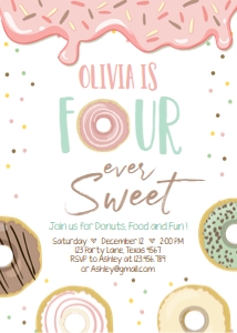 Birthday Invitation Donut Four Ever Sweet Pastel Pink White design preview