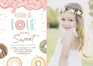 Birthday Invitation Donut Four Ever Sweet Pastel Pink White - With Photo design preview
