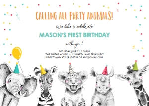 Birthday Invitation Party Animals Black and White Blue design preview