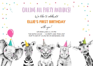 Birthday Invitation Party Animals Black and White Pink design preview