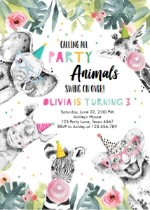 Birthday Invitation Party Animals Black and White Girl Vertical design preview