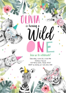 Birthday Invitation Wild One Animals Black and White Pink Vertical design preview