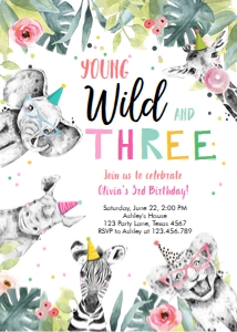 Birthday Invitation Wild Three Animals Black and White Pink Vertical design preview