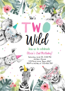 Birthday Invitation Two Wild Animals Black and White Pink Vertical design preview