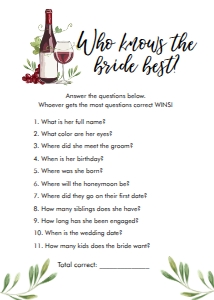 Bridal Shower Game Who Knows The Bride Best Wine design preview