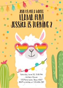 Birthday Invitation Llama Sunglasses Hearts Yellow design preview
