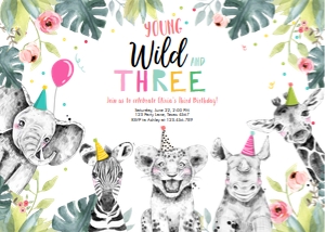 Birthday Invitation Wild Three Animals Black and White Pink Horizontal design preview
