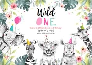 Birthday Invitation Wild One Animals Black and White Pink Horizontal design preview