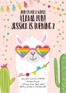 Birthday Invitation Llama Sunglasses Hearts Pink design preview