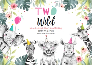Birthday Invitation Two Wild Animals Black and White Pink Horizontal design preview