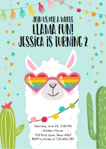 Birthday Invitation Llama Sunglasses Hearts Blue design preview
