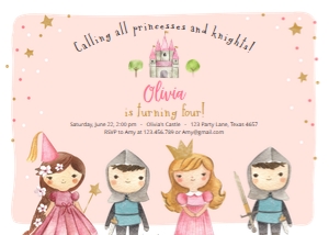Birthday Invitation Princess and Knight Horizontal Pink design preview