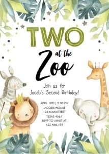 Birthday Invitation Two in the Zoo Boy Vertical design preview