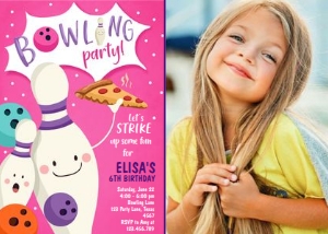 Birthday Invitation Bowling Pins Girl - With Photo design preview