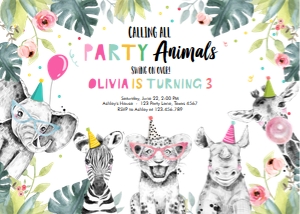 Birthday Invitation Party Animals Black and White Girl Horizontal design preview