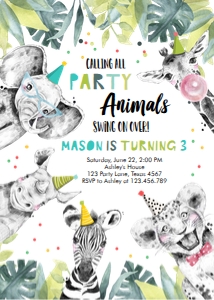 Birthday Invitation Party Animals Black and White Boy Vertical design preview