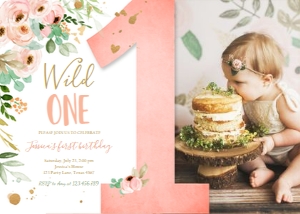 Birthday Invitation Floral Peonies Wild One - With Photo design preview