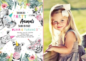 Birthday Invitation Party Animals Black and White Girl - With Photo design preview