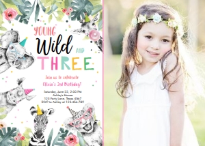 Birthday Invitation Wild Three Animals Black and White Pink - With Photo design preview