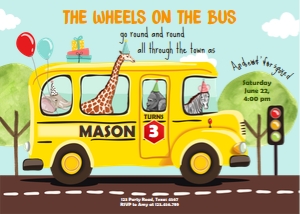 Invitation Wheels on the Bus Blue Sky design preview